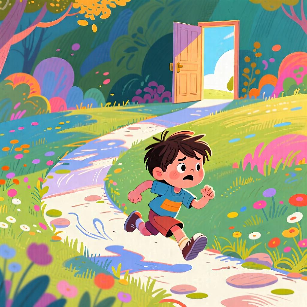 A small, cheerful cartoon figure running quickly and decisively along a winding path toward a brightly lit destination.