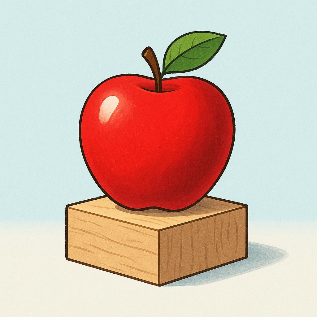 A brightly shining, perfectly red apple sitting on a simple wooden pedestal, symbolizing excellence and wonderful quality.