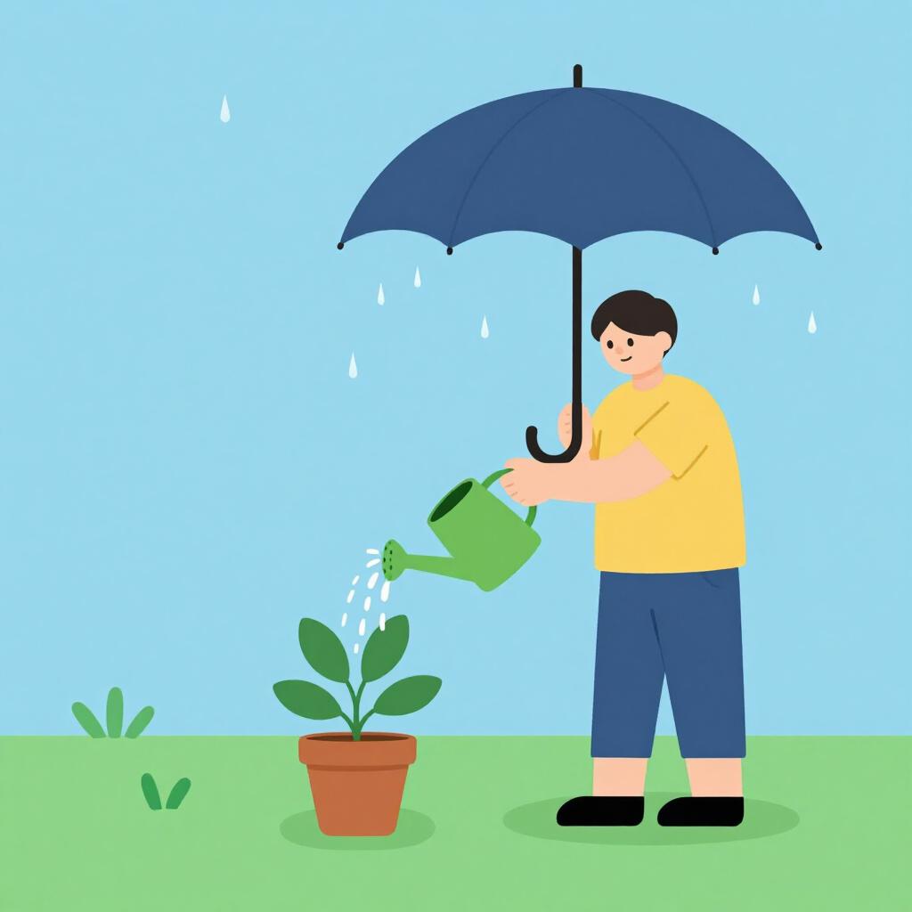 A colorful storybook illustration of a person trying to water a plant with a closed umbrella during a rainstorm.