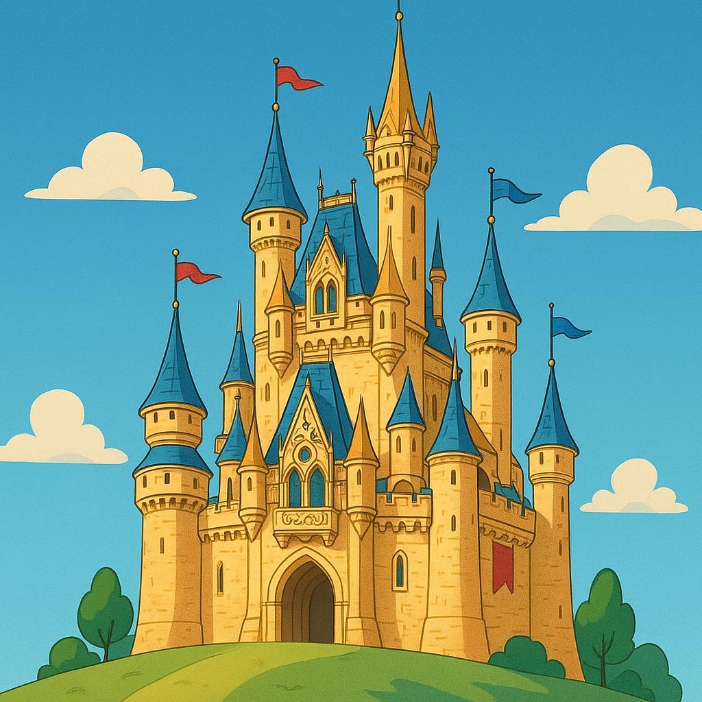 A tall, intricately decorated golden castle with many towers, standing against a bright blue sky, illustrating grandeur and splendor.