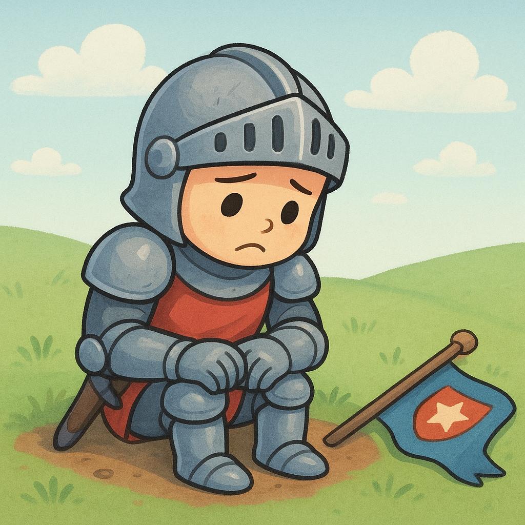 A sad cartoon knight sitting on the ground next to his fallen flag, symbolizing defeat after a battle or competition.