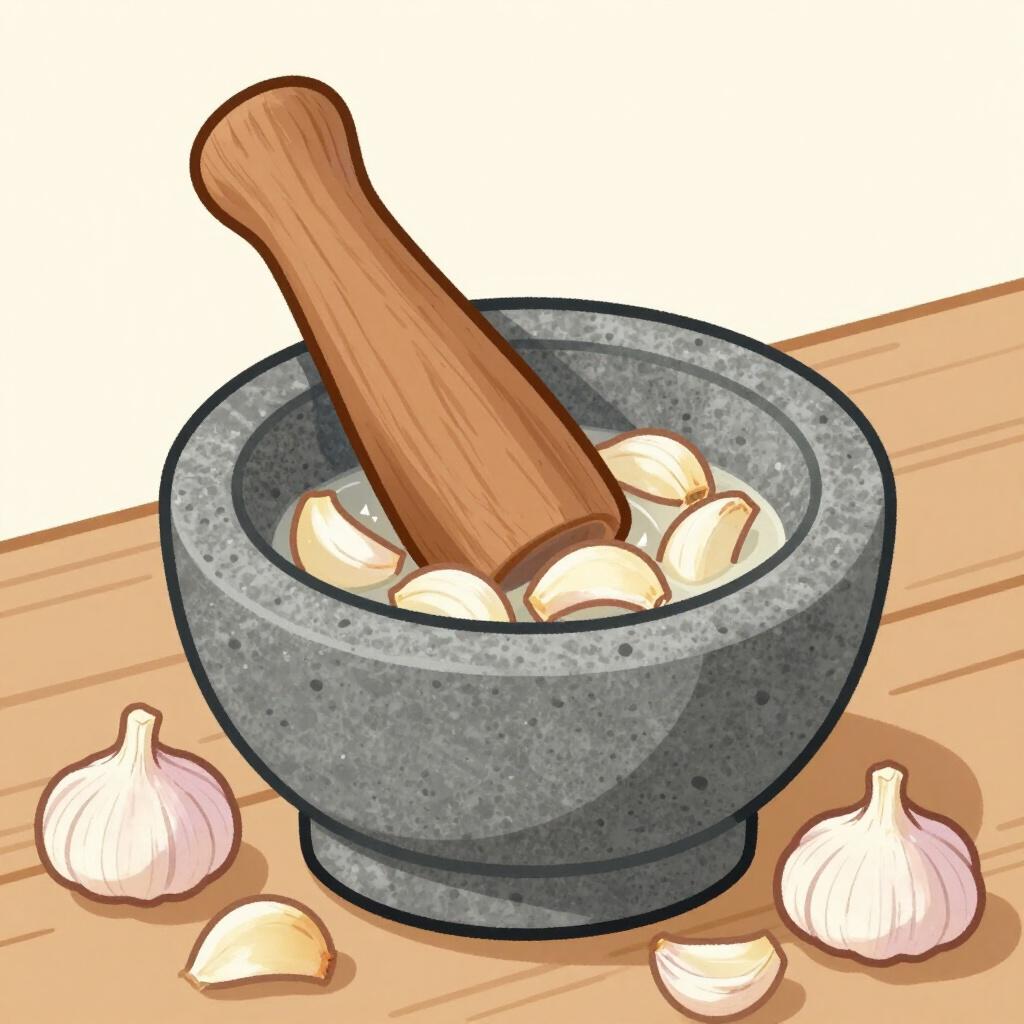 A wooden pestle crushing cloves of garlic inside a stone mortar.