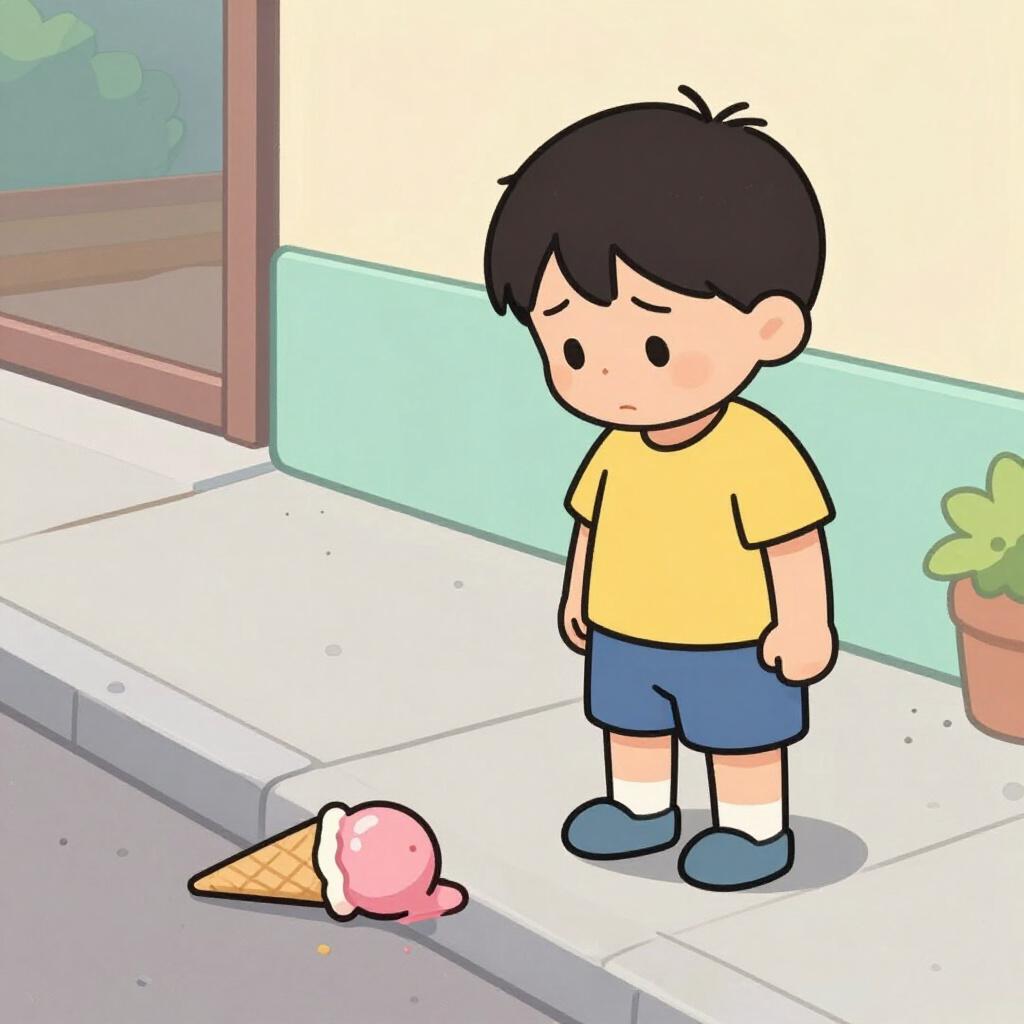 A child looking at a dropped ice cream cone on the sidewalk with a disappointed expression.