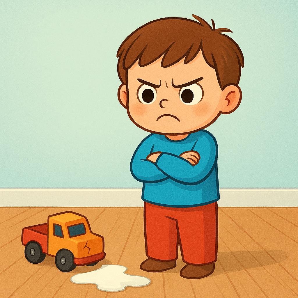 A frustrated child standing next to a broken toy and a puddle of spilled milk, frowning deeply with arms crossed, symbolizing multiple complaints.