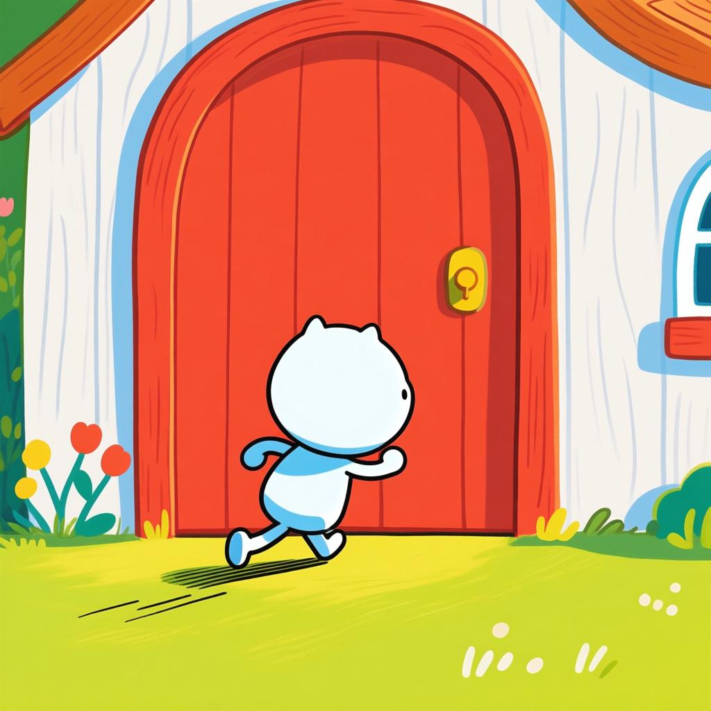 A small, stylized character walking quickly away from the brightly colored red door of a cottage, illustrating the action of leaving.