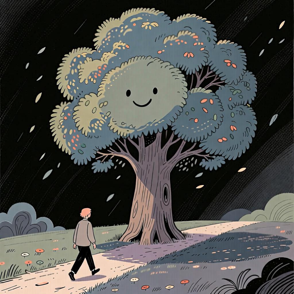 A person walking on a path that ends at a large, friendly-looking tree, representing a clear endpoint.