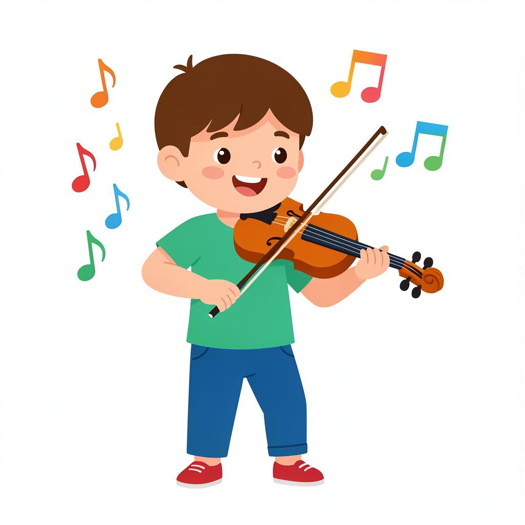 A young child happily playing a violin with musical notes floating around.