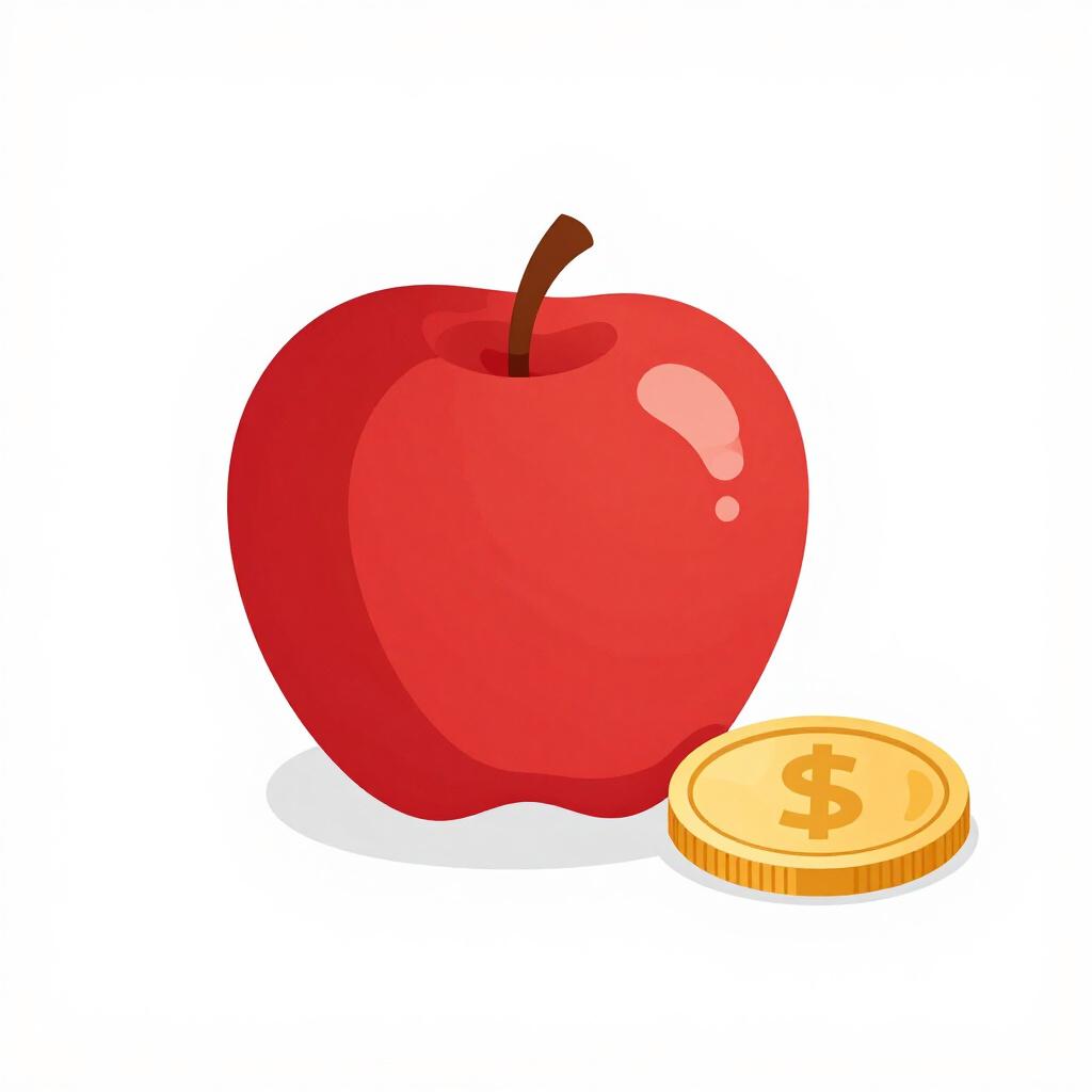 白い台の上にリンゴが1つと小さなコインが置かれている様子。