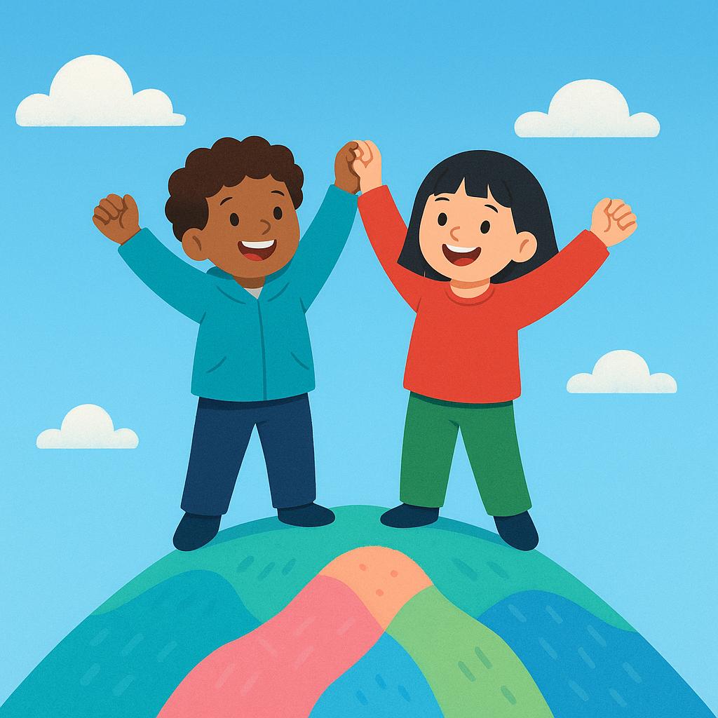 A brightly colored storybook illustration showing two joyful children standing together at the summit of a small, colorful hill, symbolizing their successful ability to reach the top.