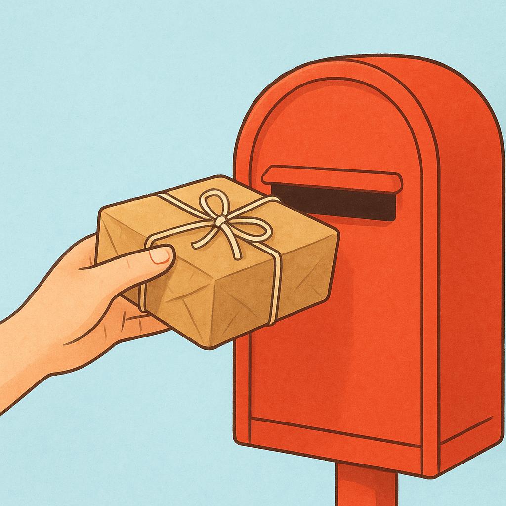 A close-up view of a hand actively placing a small, wrapped brown parcel into the slot of a vibrant red mailbox.