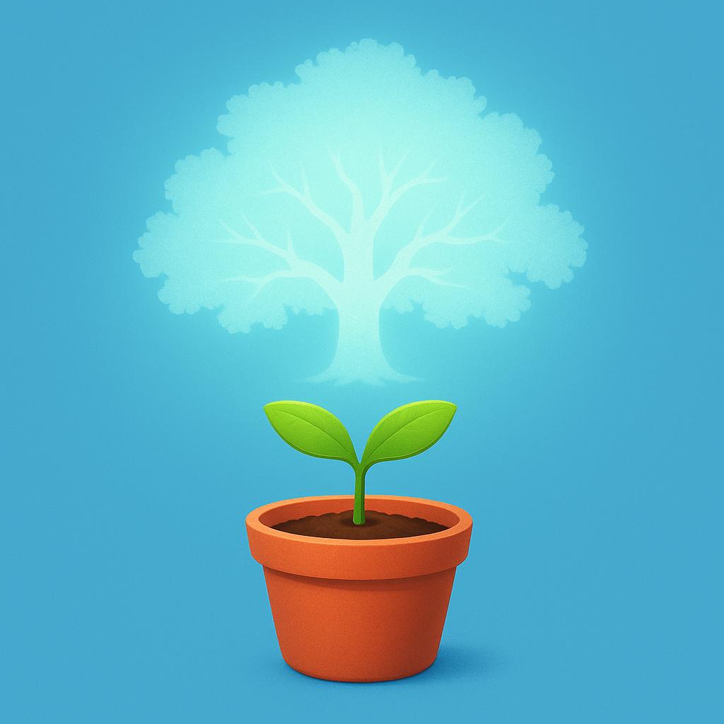 A small green seedling in a pot, with a faint, shimmering outline of a large, leafy tree above it.