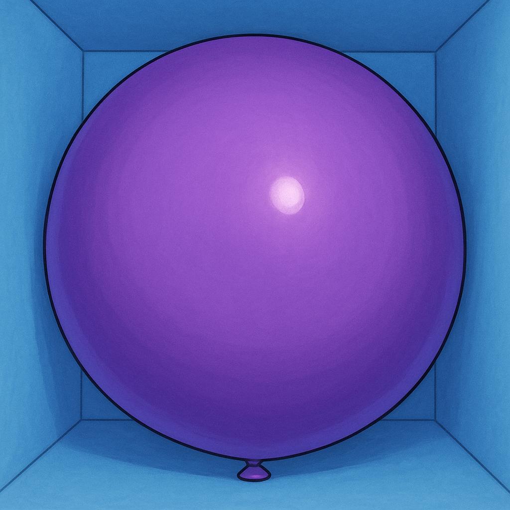 A massive, smooth purple balloon completely fills a small, empty blue room, illustrating the concept of occupying space.