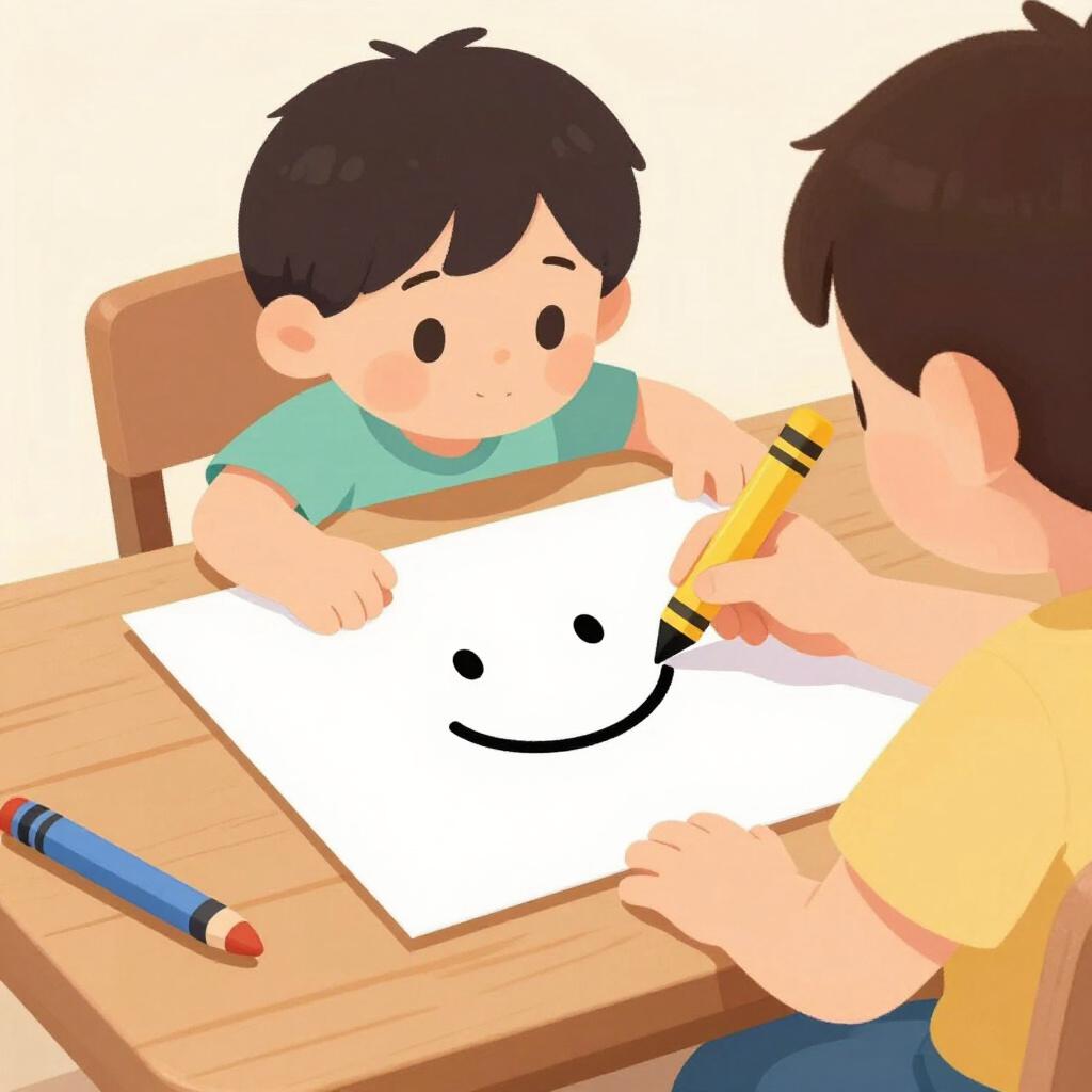Un enfant dessinant un smiley simple sur une feuille de papier avec une seule craie jaune.