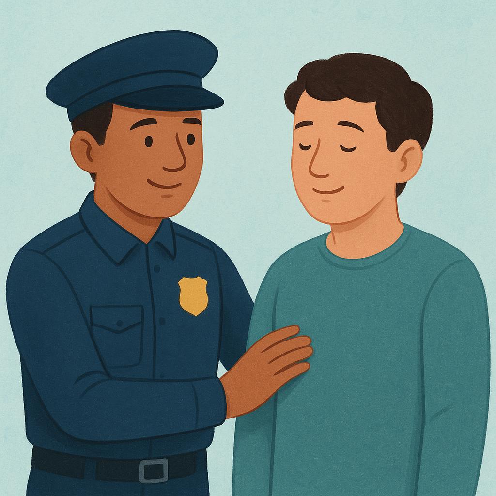 A colorful storybook illustration showing a uniformed police officer standing next to a civilian, indicating an arrest or detention.