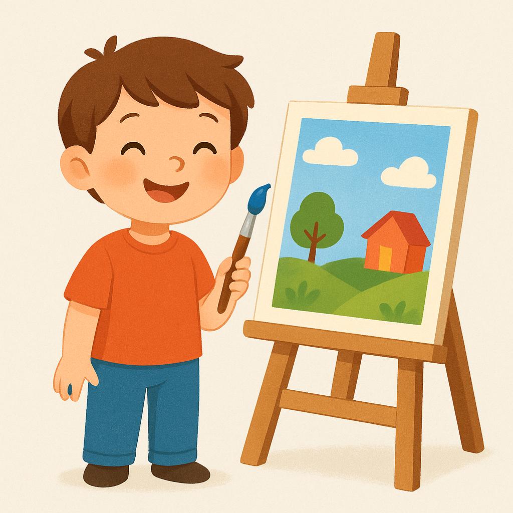 A smiling child holds a paintbrush sticky with blue paint, indicating they just finished creating a colorful painting on an easel beside them.