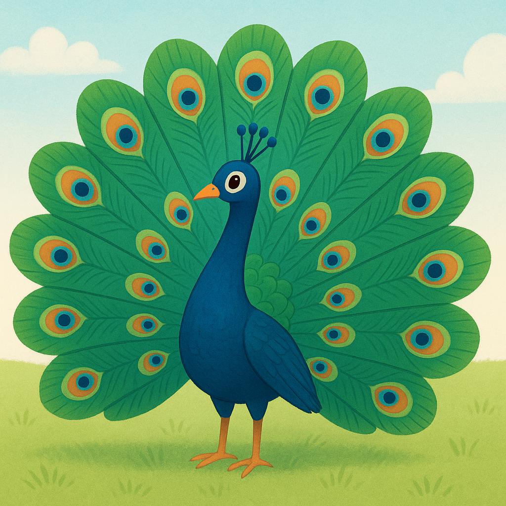 A brightly colored peacock standing on green grass, symbolizing India.