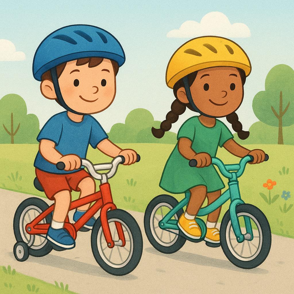 A colorful storybook illustration showing two smiling children successfully riding their bicycles side-by-side without training wheels, demonstrating their ability and skill.