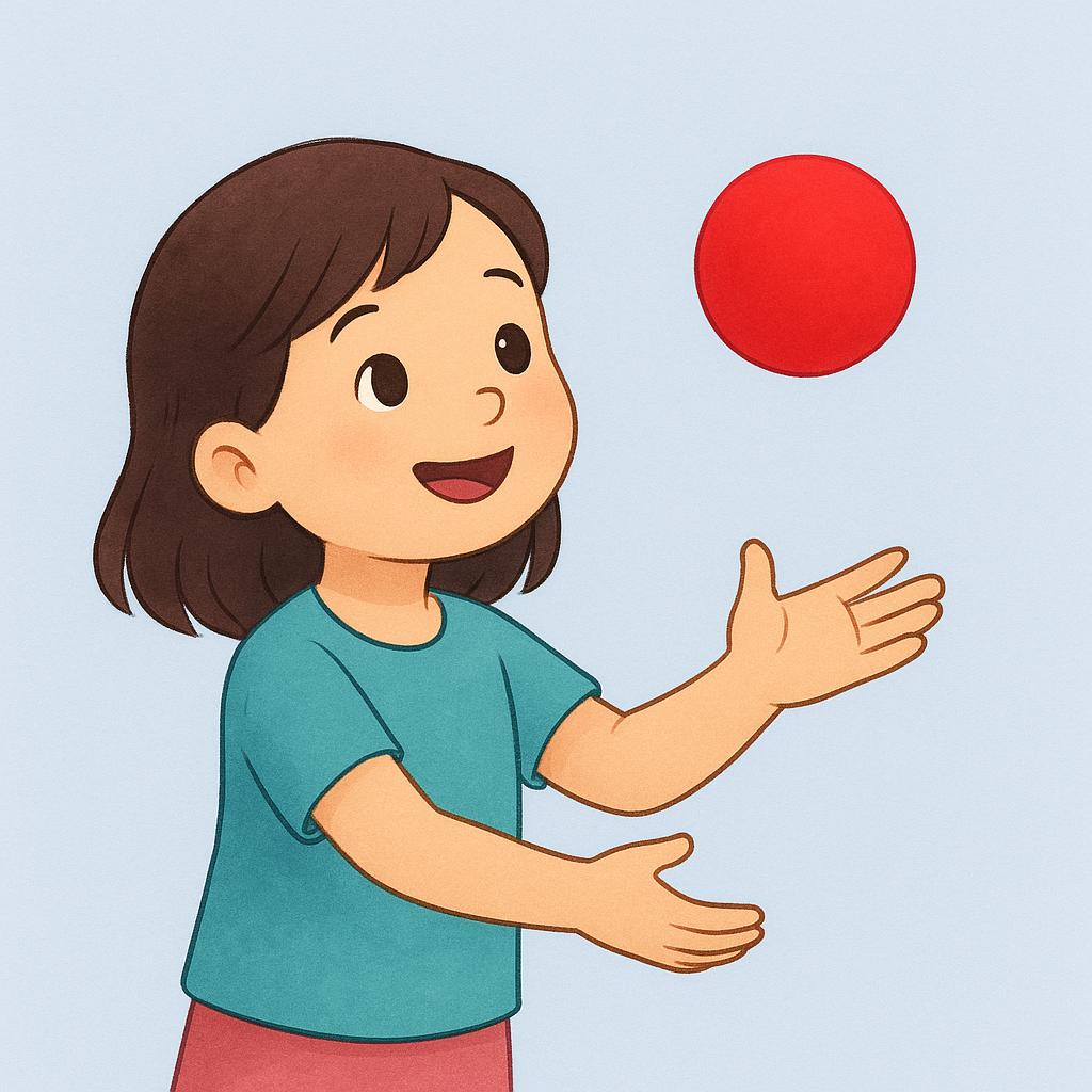 A friendly girl extending her open hand to receive a bright red ball from someone off-screen.
