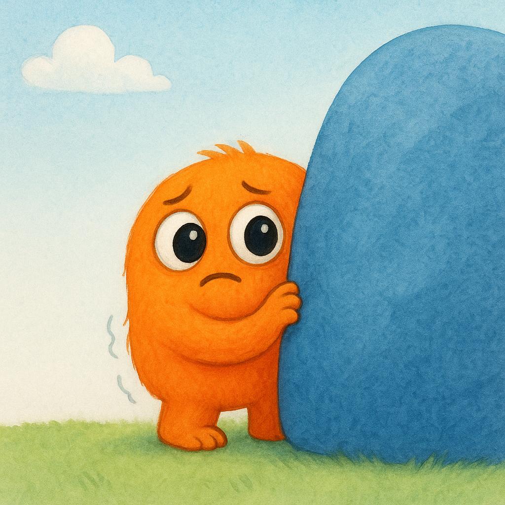 A small, wide-eyed orange creature is trembling and peeking out from behind a large, blue rock, looking terrified.