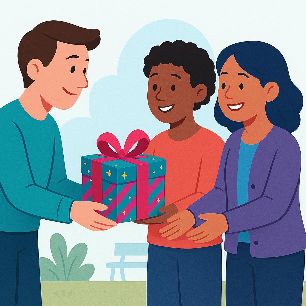 A single adult character is handing a brightly colored wrapped gift box to two small children standing close together, symbolizing giving something to 'us'.