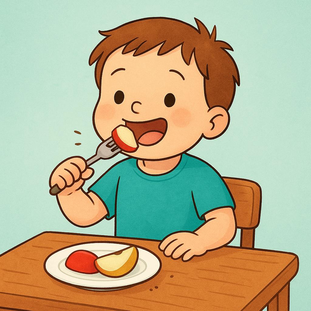 A brightly colored storybook illustration showing a young child sitting at a small wooden table, happily bringing a piece of food to their mouth with a fork.