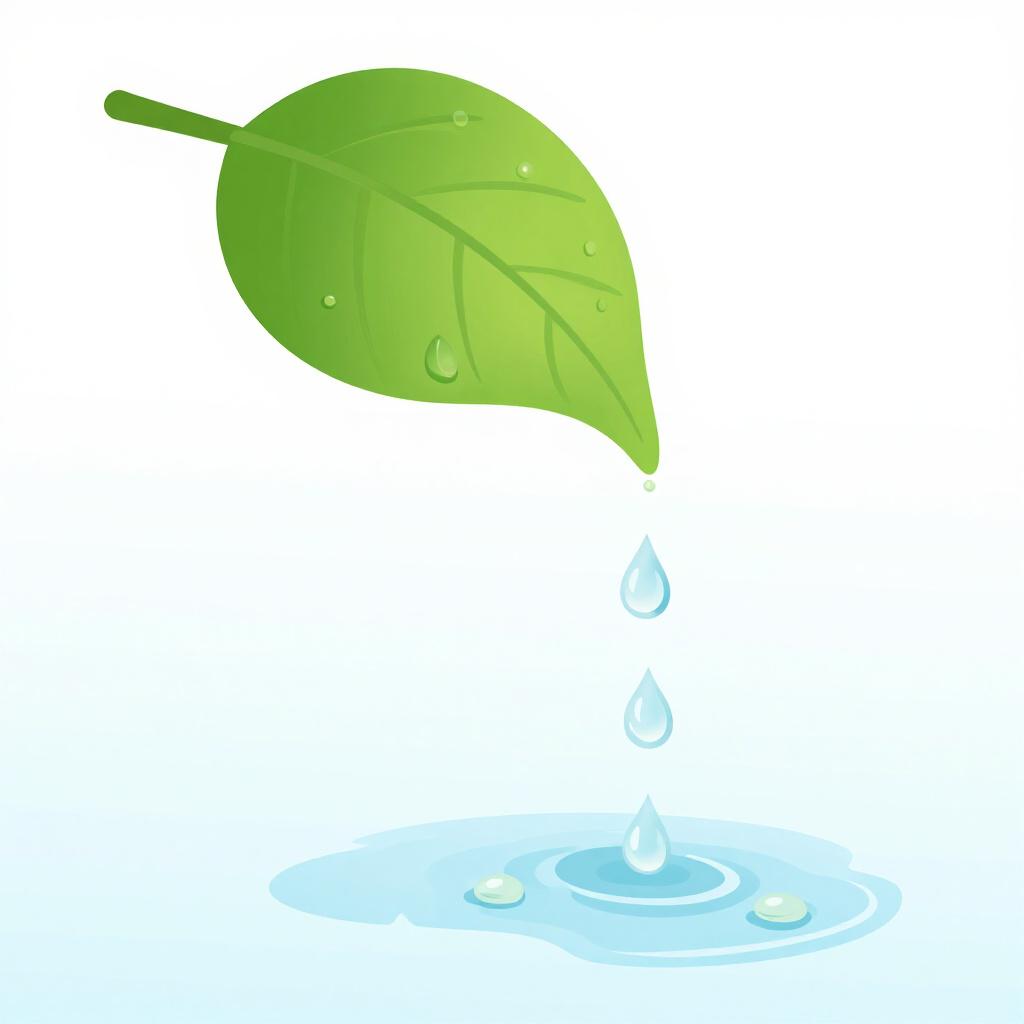 A row of colorful water droplets falling one after another from a green leaf into a small puddle.