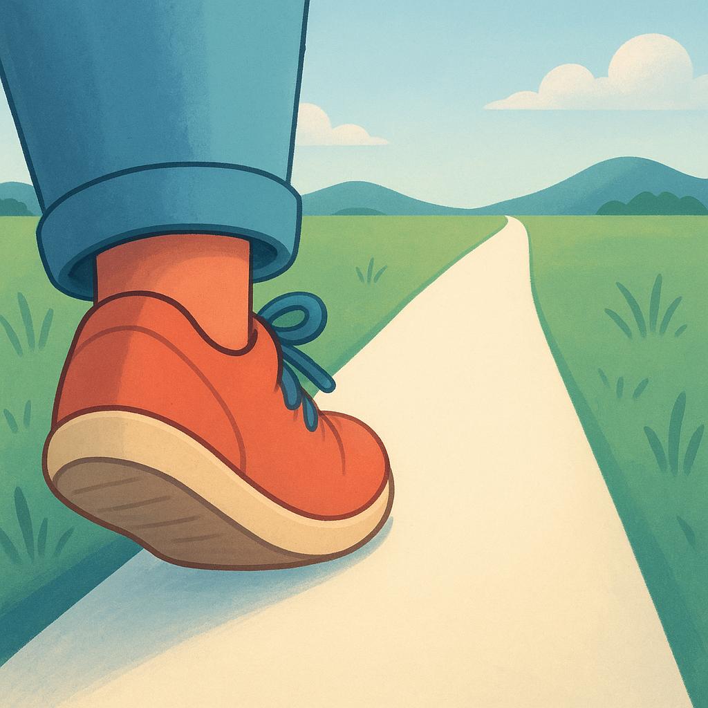 A close-up illustration of a pair of feet wearing simple shoes, taking the very first step onto a brightly lit path that stretches into the distance. The background is simple and colorful.