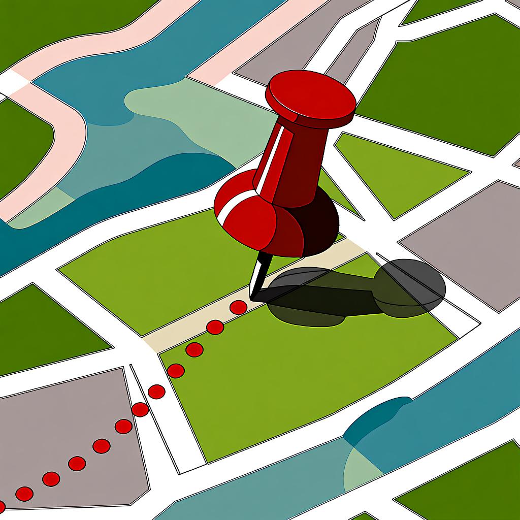 A stylized map with a prominent red pin marking a city, and a dotted line path starting from that pin and moving away.