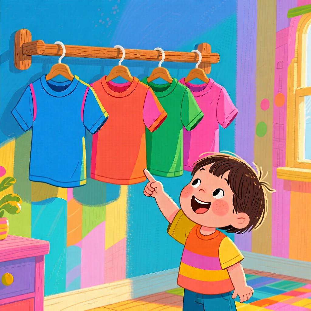 A child happily selecting one simple, solid-colored shirt from a row of identical shirts on a wooden rack.