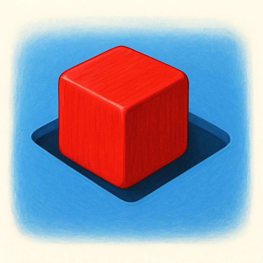 A bright red square wooden block fitting exactly into a matching square cutout on a contrasting blue surface.