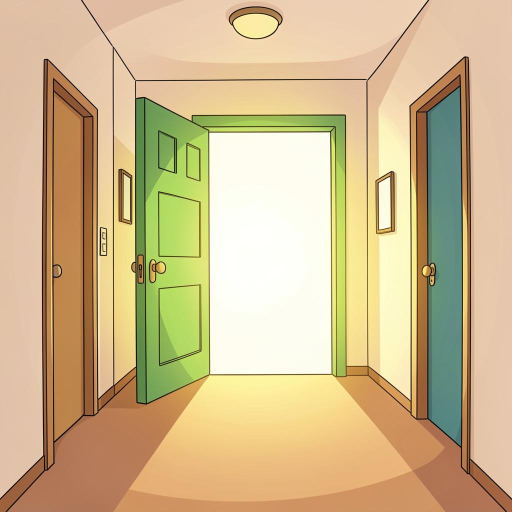 A bright green open door with a glowing light beyond it, indicating a way out.