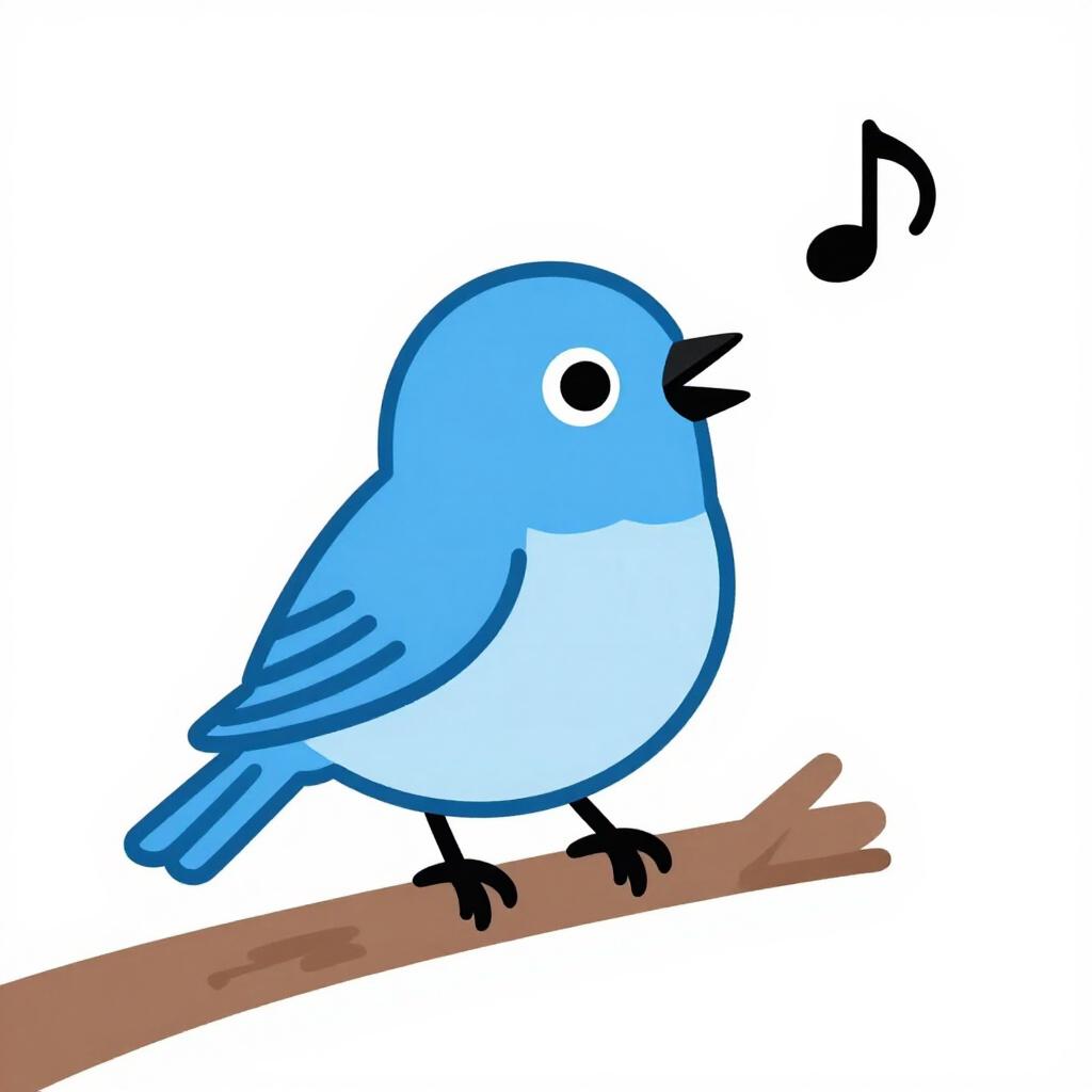 A small bird chirping once with a single tiny musical note above its head.