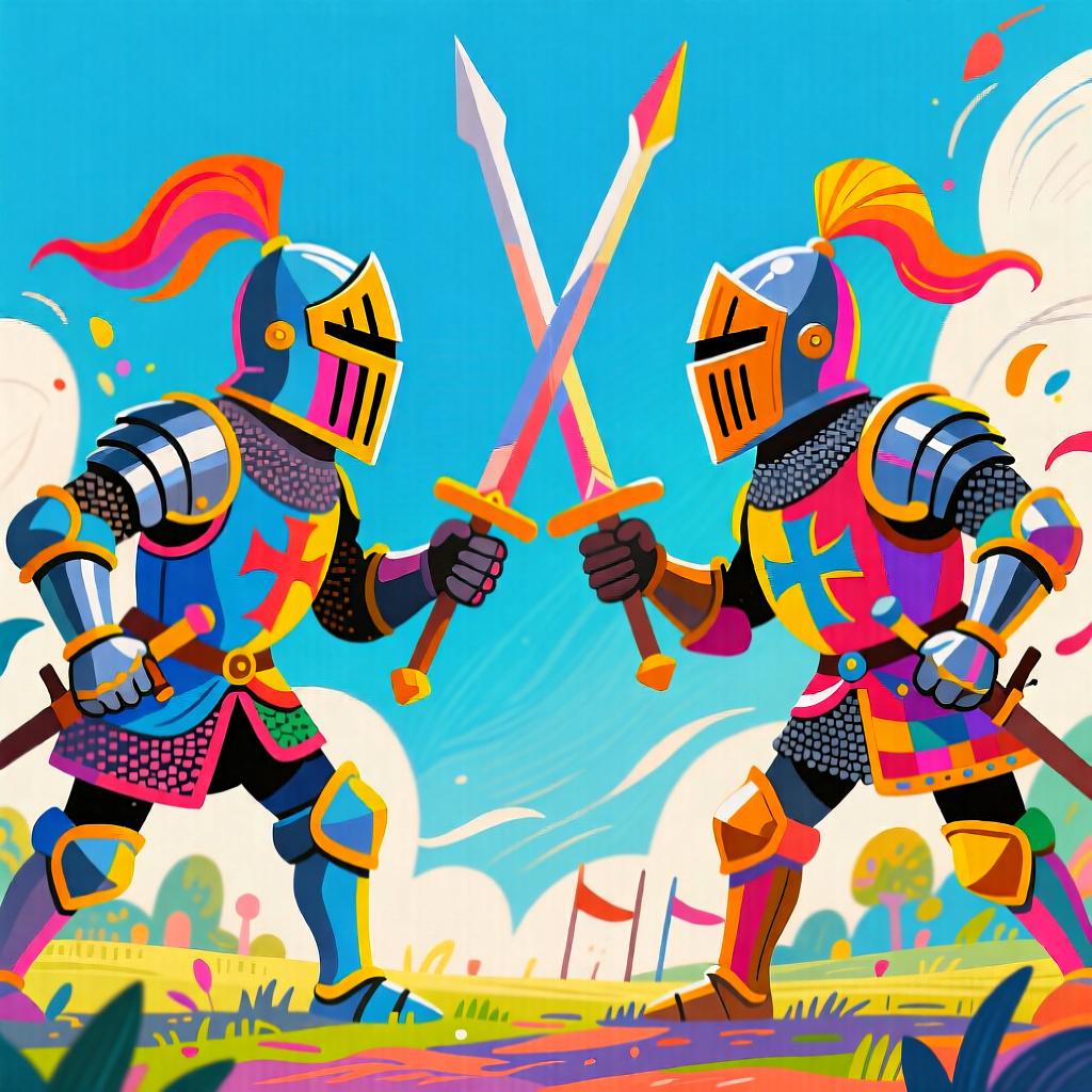 Two stylized knights facing each other ready for a competition, symbolizing opposition.