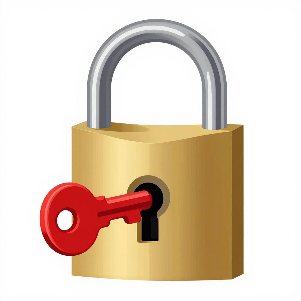 小さな明るい赤色の鍵が、対応する真鍮の錠前にぴったりとはまり、回っている様子。鍵が錠前に属しているという概念を象徴している。