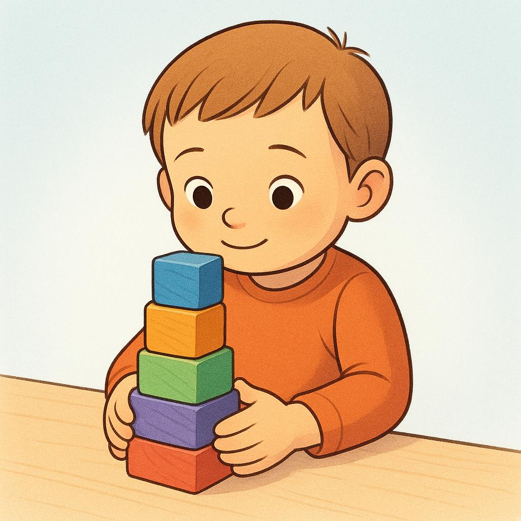 A child gently holding a tall, colorful stack of blocks steady to maintain its balance.