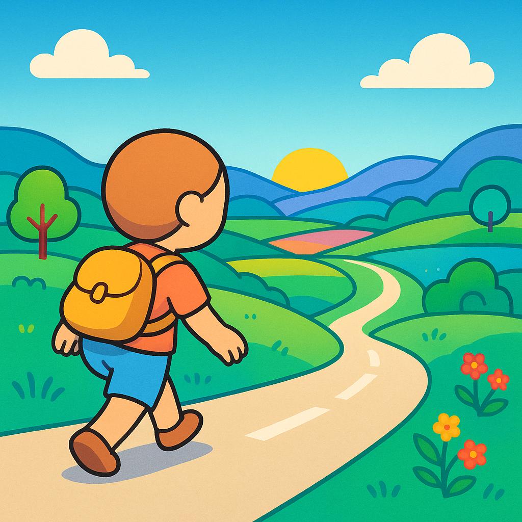 A small, determined figure standing right at the start of a clearly marked, winding path leading into a colorful landscape, having just taken the first step.