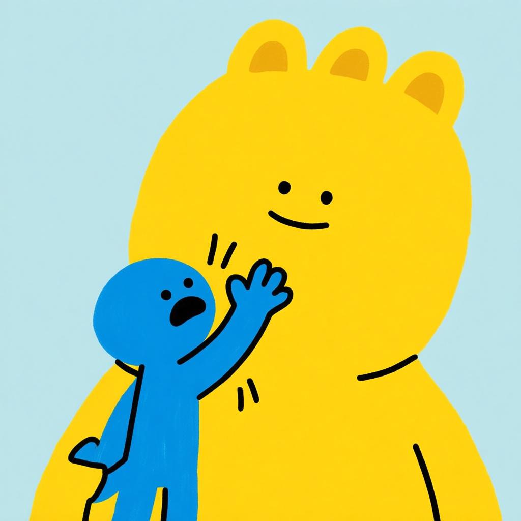 A small blue character has accidentally bumped into a taller yellow character in a public space. The blue character raises one hand in a clear gesture of apology.