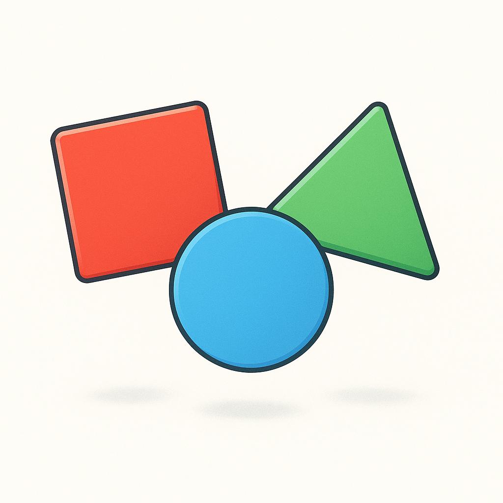 A high quality simple colorful storybook illustration showing three distinct geometric shapes: a red square, a blue circle, and a green triangle, floating on a plain background.