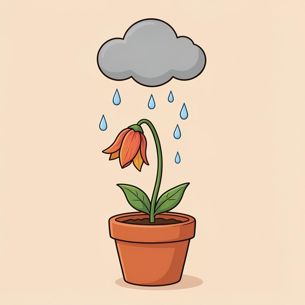 A single wilted flower in a pot, drooping under a small gray rain cloud.