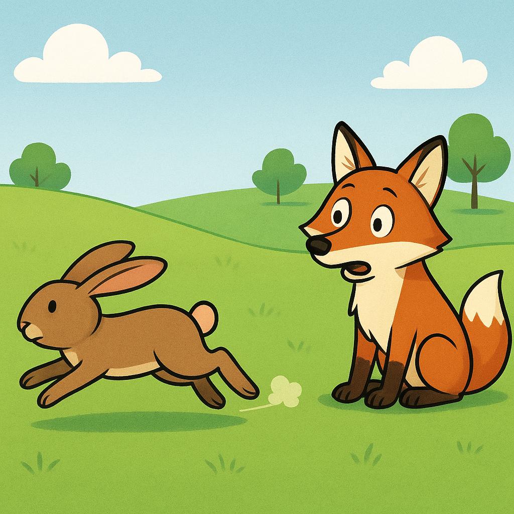 A small brown rabbit is mid-leap, running quickly away from a surprised fox in a green field, illustrating the act of escaping.
