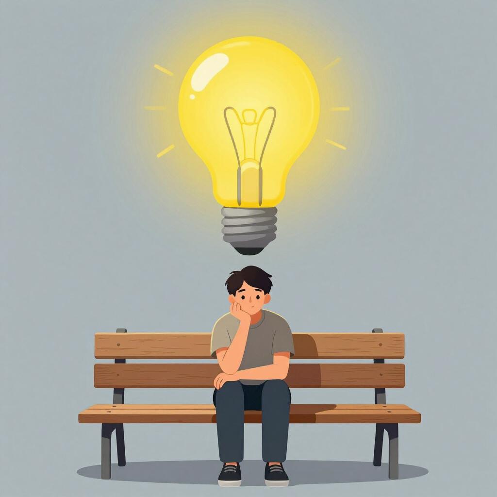 一人の人物がシンプルなベンチに一人で座り、顎に手を当てて熟考している。頭上に、完成した思考やアイデアを象徴する、大きく様式化された光る電球が浮かんでいる。