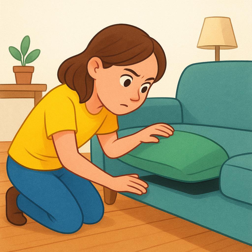 A young woman wearing a yellow shirt is kneeling beside a sofa, actively lifting a green cushion and peering underneath it with a focused expression, searching for a lost item.