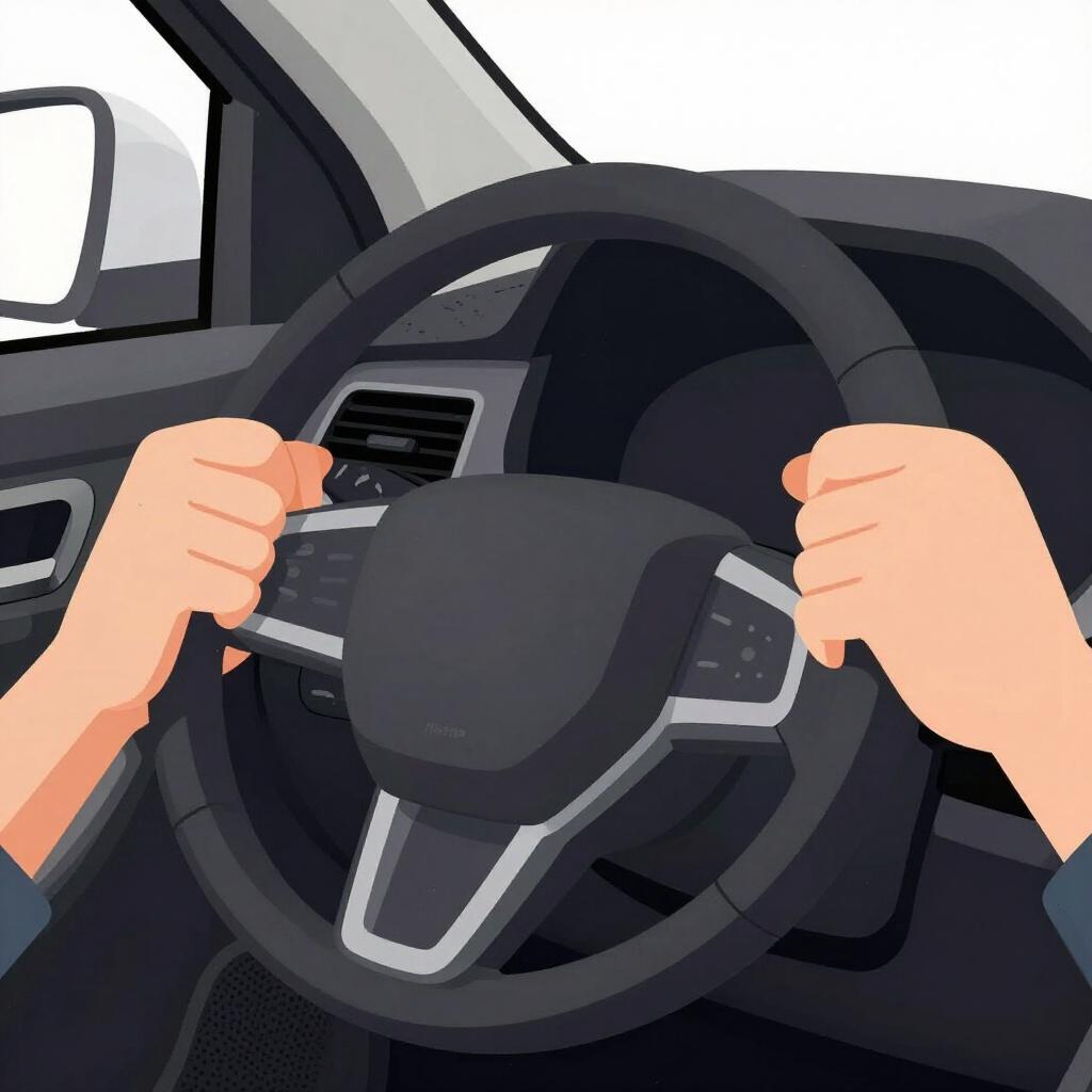 A pair of hands firmly gripping a car's black steering wheel.