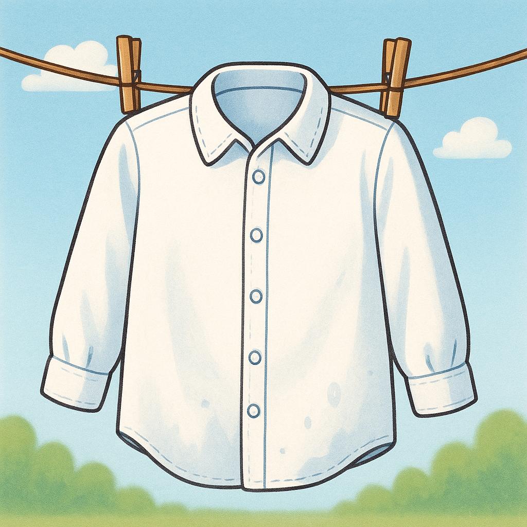 A perfectly clean white shirt hanging on a clothesline, illustrating something recently washed.