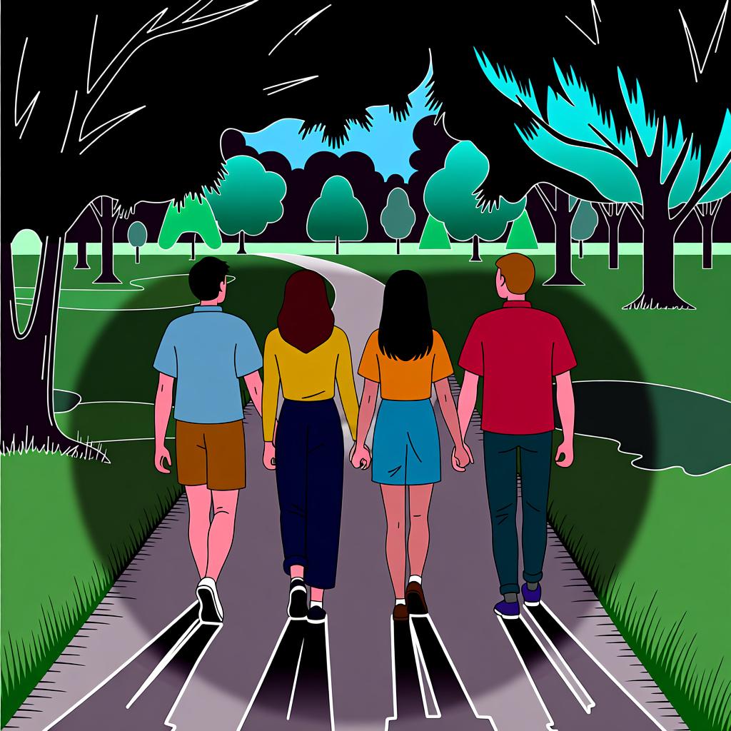 A group of friends walking together on a path towards a sunny park, representing the action of 'we are going'.