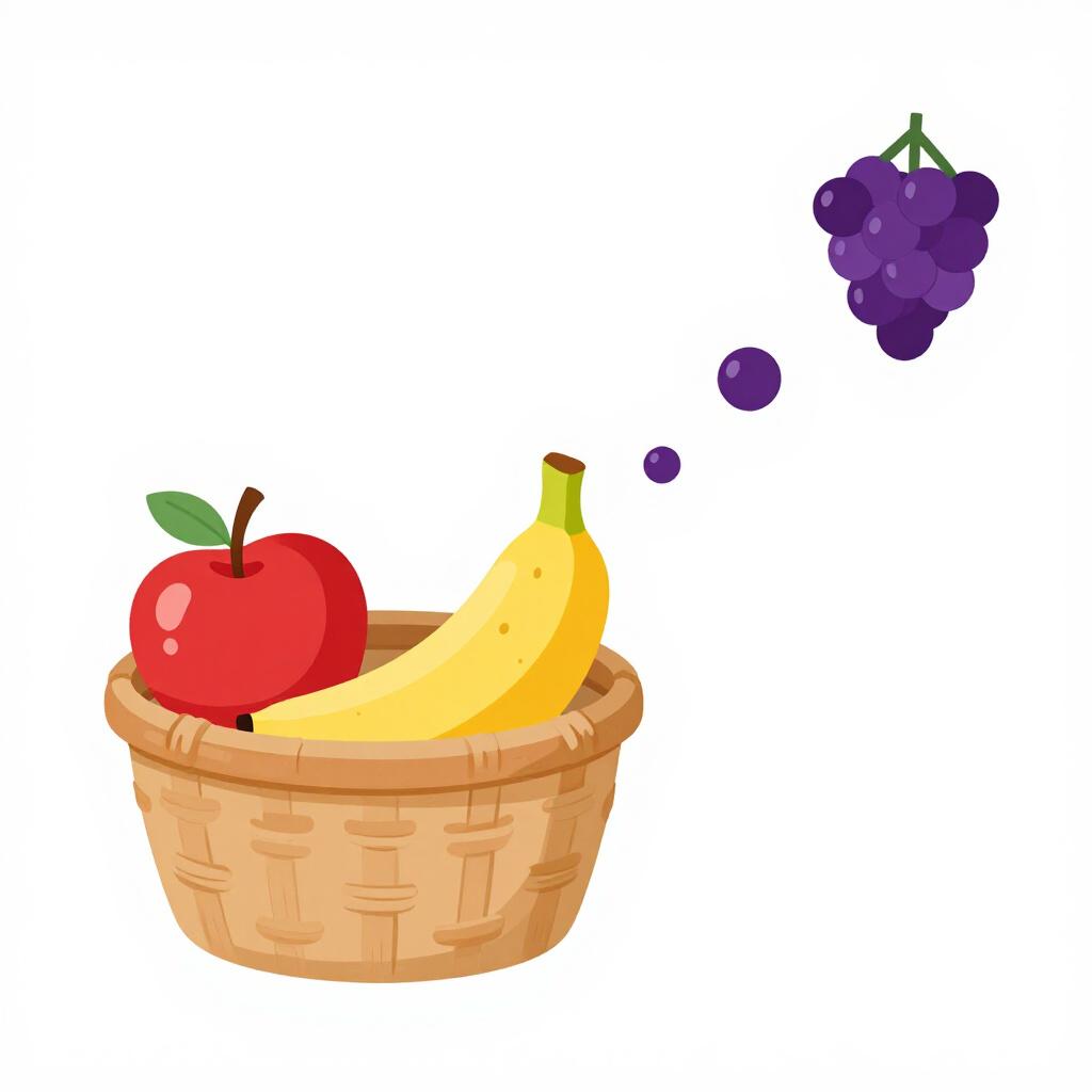 Ein bunter Obstkorb mit einem Apfel, einer Banane und einer Traube, wobei eine Spur von funkelnden Punkten wegführt, um weitere Gegenstände anzudeuten.