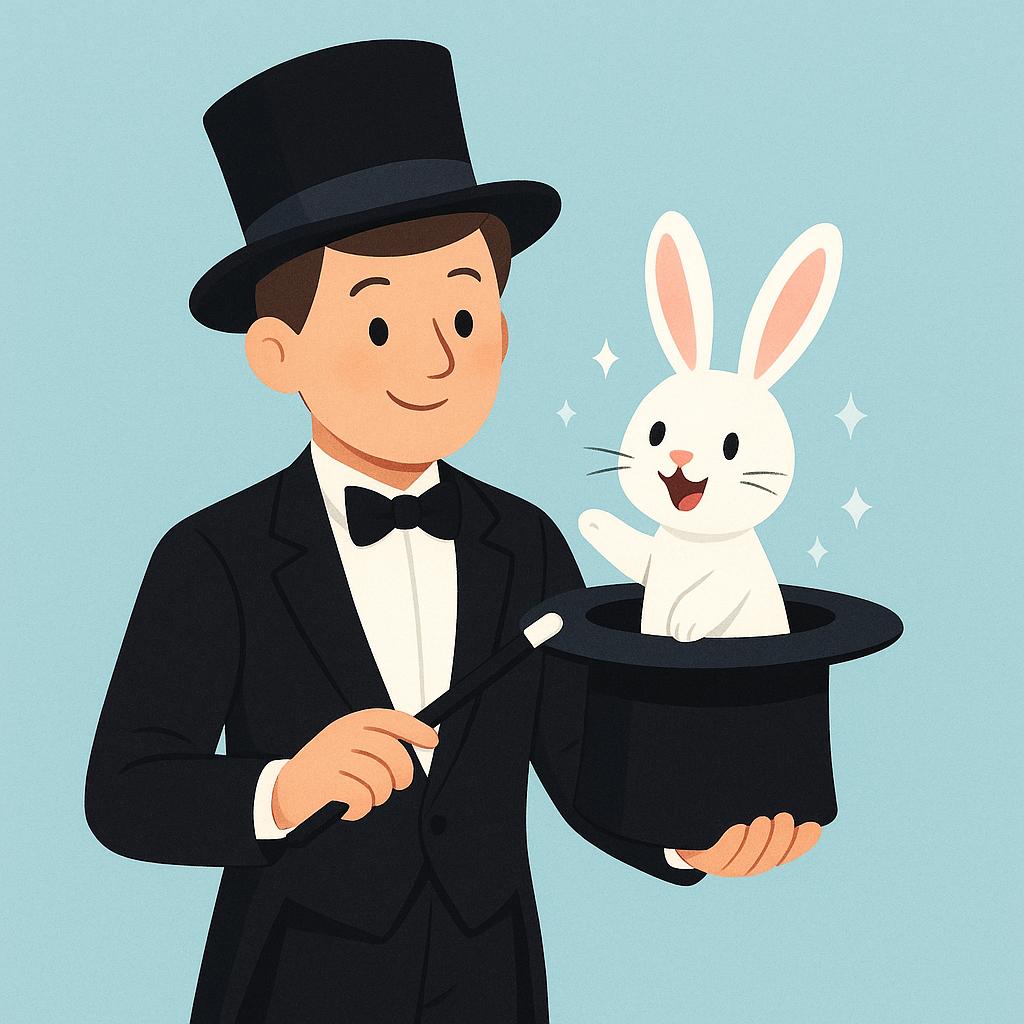A stage performer dressed as a magician, wearing a tuxedo and top hat, holding a wand, with a rabbit emerging from the hat.