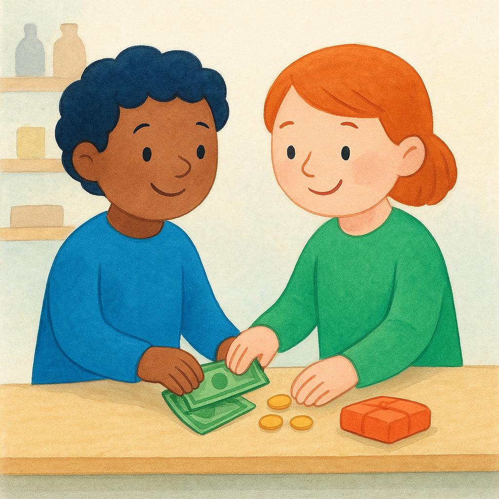 Two friendly figures stand together at a store counter. One figure is placing a few gold coins onto the counter next to a small item, completing the action of payment.