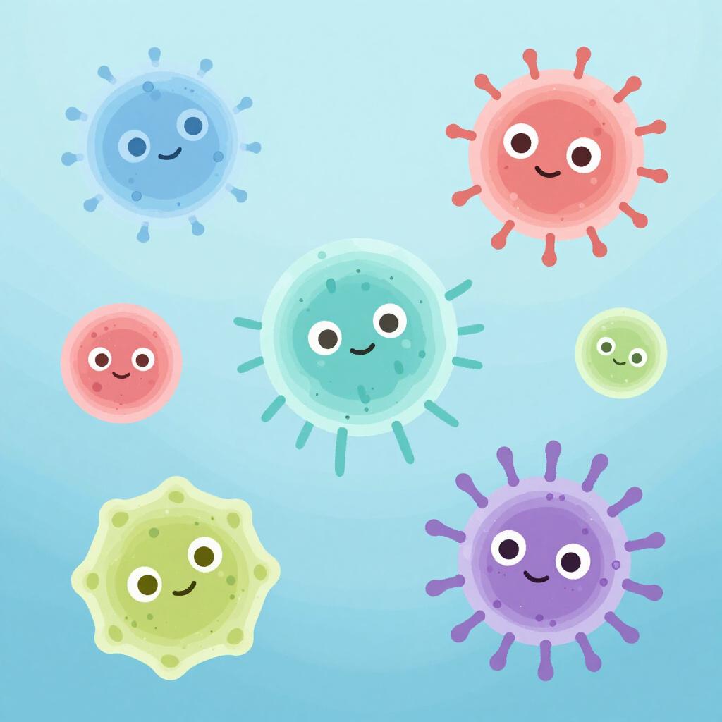 A colorful group of various microscopic germ shapes.