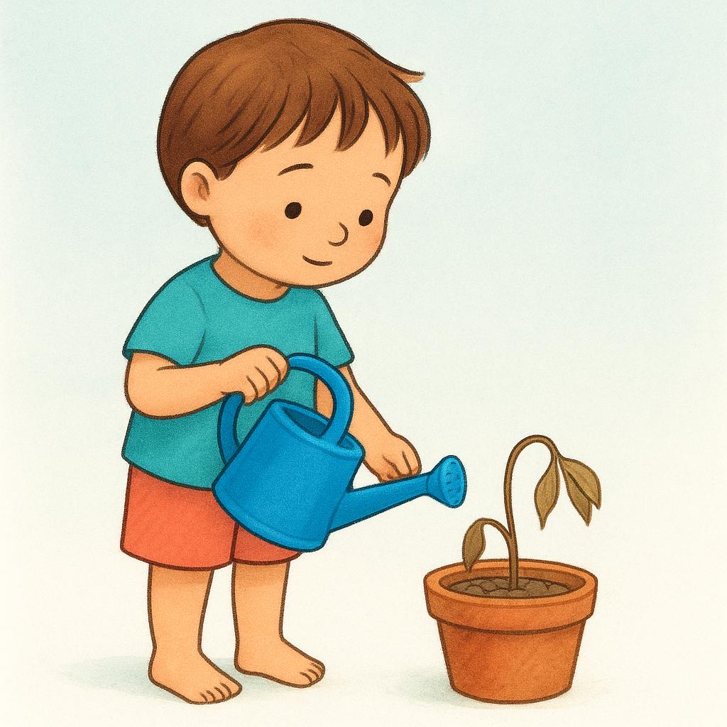 A child holds a bright blue watering can directly over a small, dry potted plant, illustrating the intent to use it.